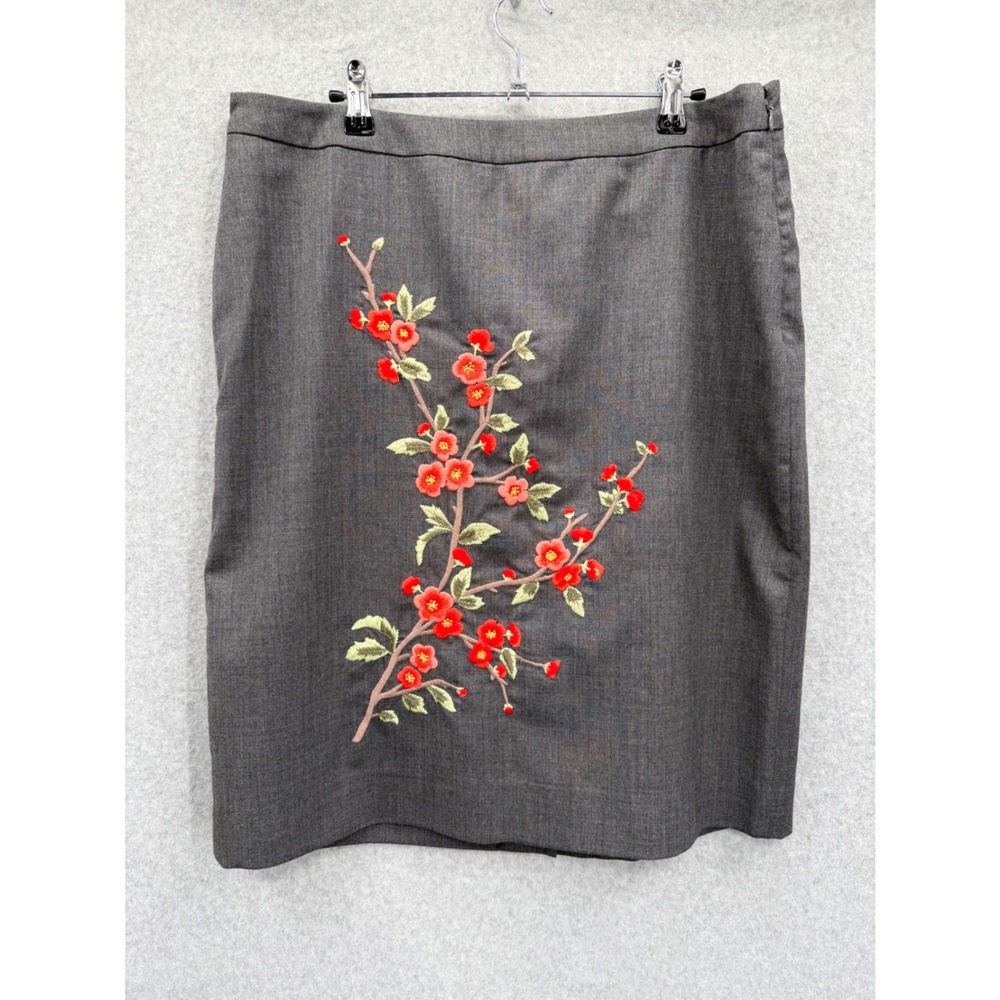 Garnet Hill Pencil Skirt Womens 14 Gray Floral Embroidered Wool Lined Career